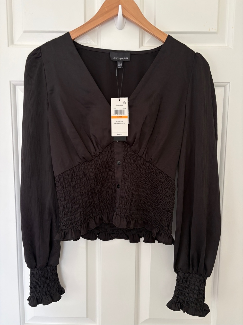NWT Lucy Paris Small Black Smocked V-Neck Long-Sleeve Top